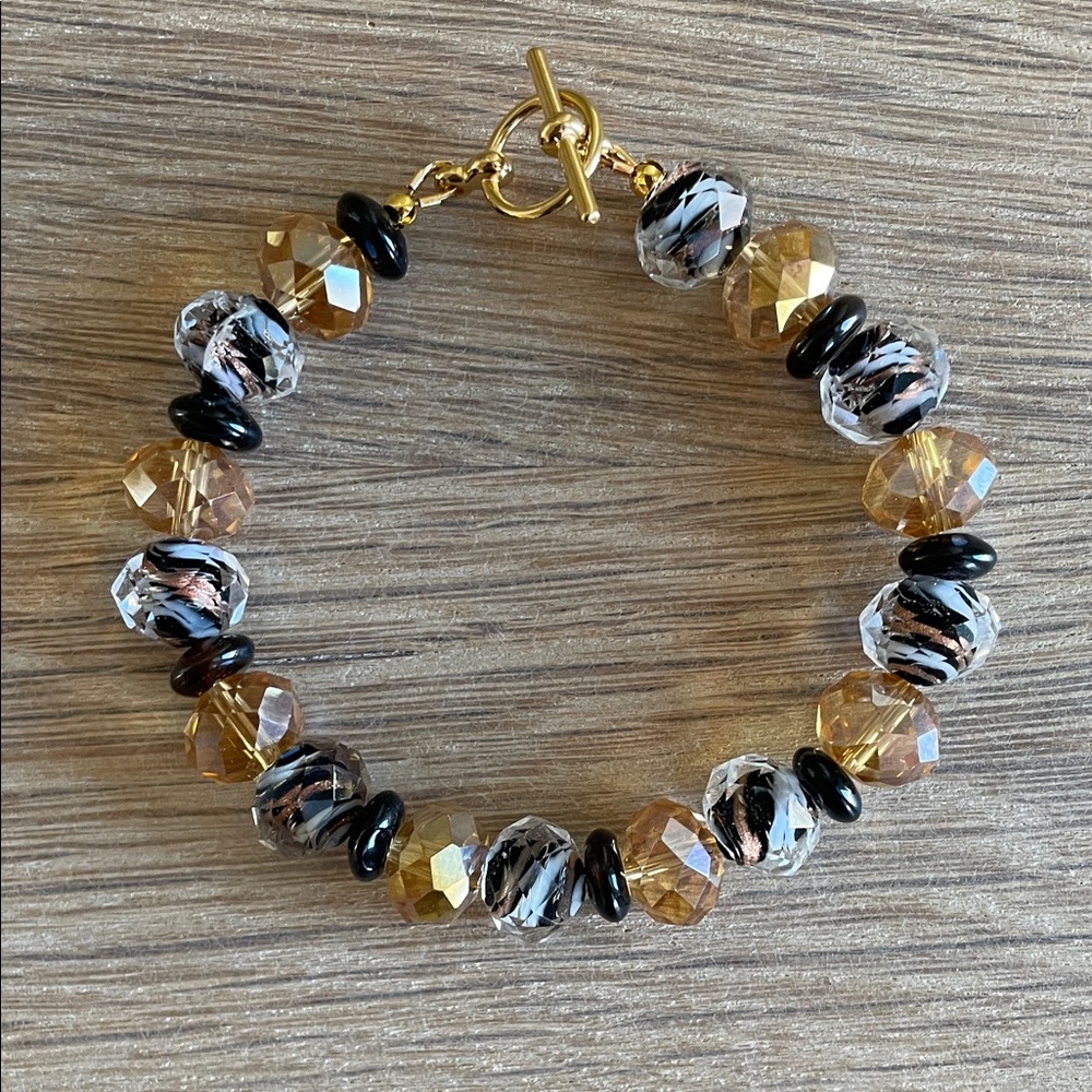 HAND CRAFTED BEADED BRACELET Elegant Black & Gold Faceted Crystal Beaded Glam - Picture 3 of 15